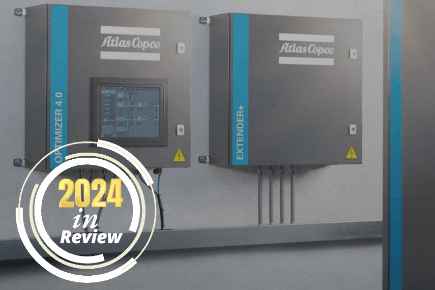 Atlas Copco controllers with a spinning 2024 in review in the corner