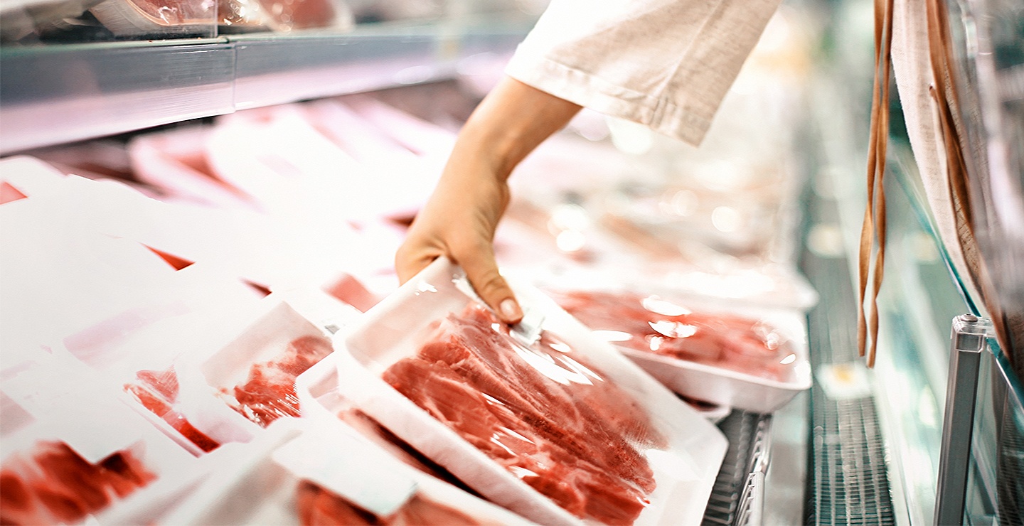 Close up image of packaged meat at a grocery store