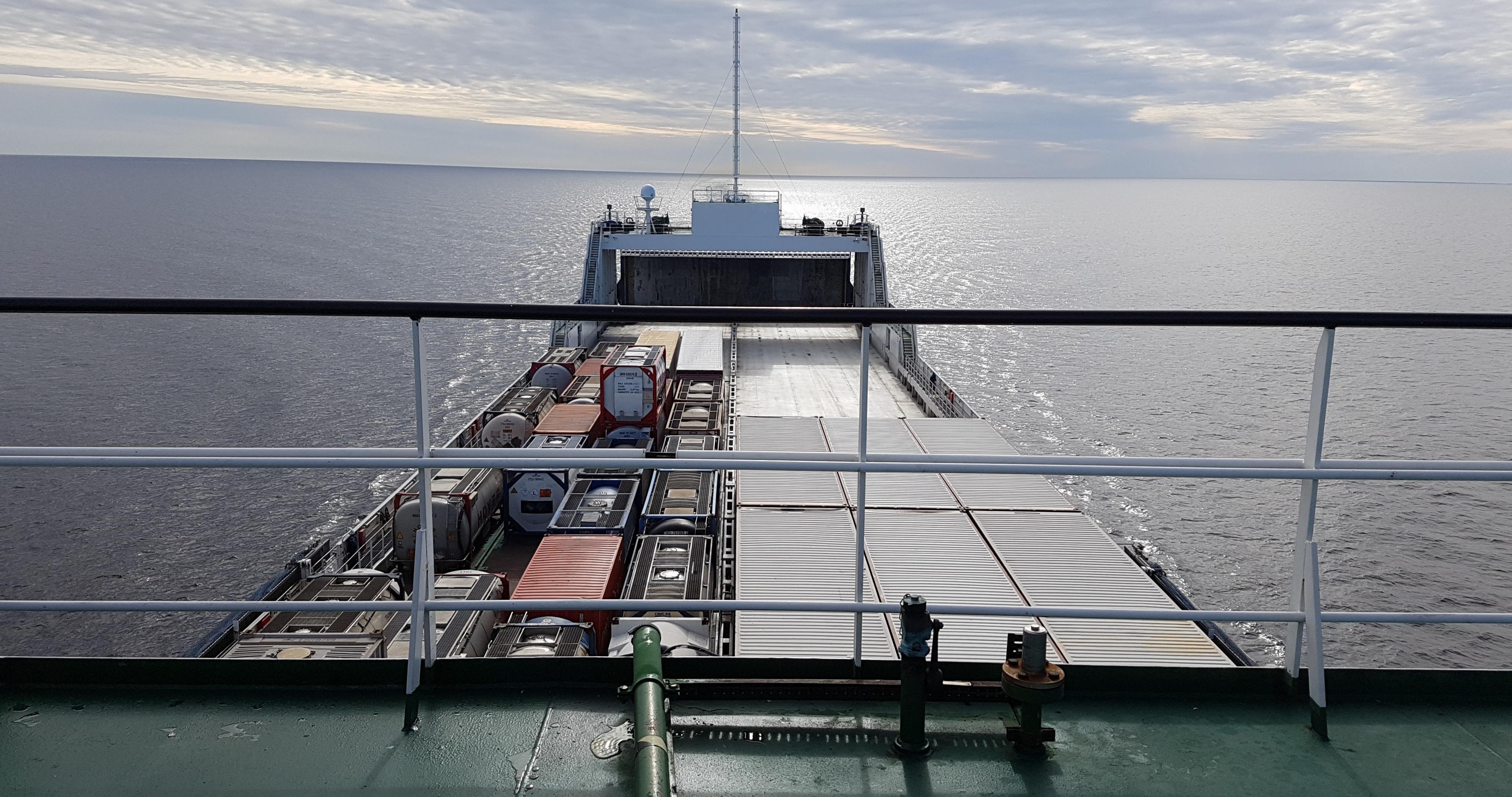 Photo overlooking the deck of a cargo ship